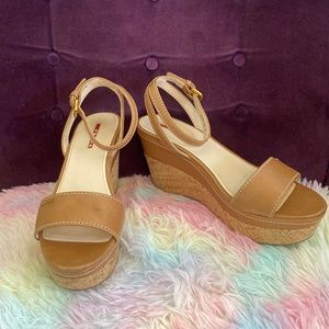 Prada Tan Leather Cork Heel Wedge Sandals